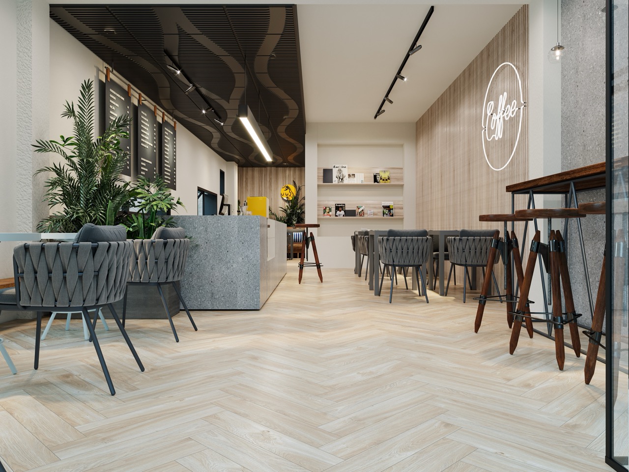 Кварцвиниловый SPC ламинат Cronafloor Herringbone Дуб Ницца H002 венгерская елка 640×128×4,5 фото в интерьере